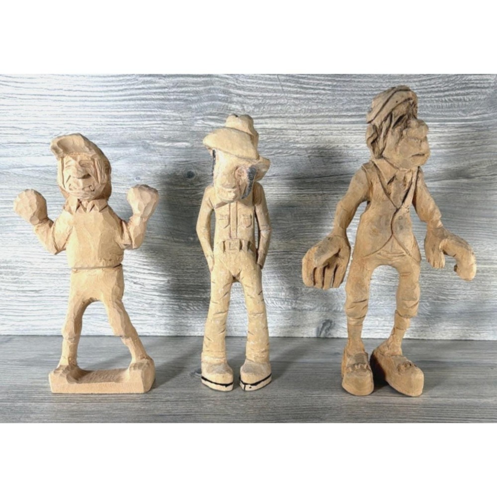3 Vintage Folk Art Wood Hand Carved Figures Unpainted Project Pieces Wooden